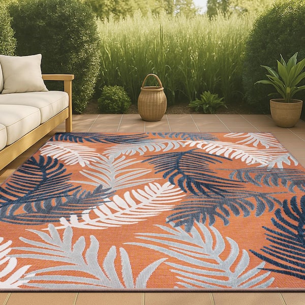 JONATHAN Y Montego Approximate Rug Size Orange/Navy/Ivory 4 ft. x 6 ft. High-Low Tropical Palm Indoor/Outdoor Area Rug