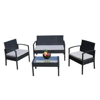 Salter 4-Piece Black Wicker Outdoor Patio Conversation Set with Gray Removable Cushions