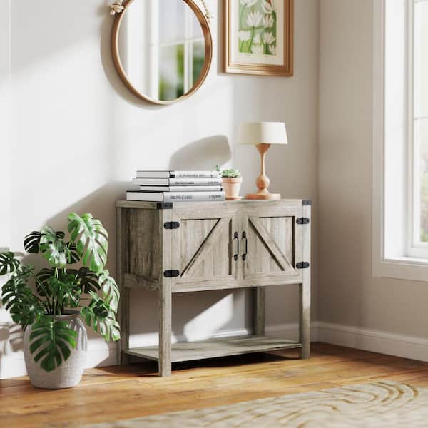 Distressed Mixed Gray 31.75 in. Farmhouse Sideboard Storage Cabinet with Cabinet and Bottom Shelf