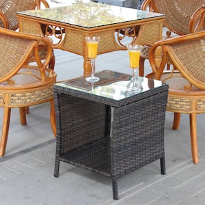 Brown Outdoor Patio Wicker Rattan Clear Tempered Glass Coffee Table