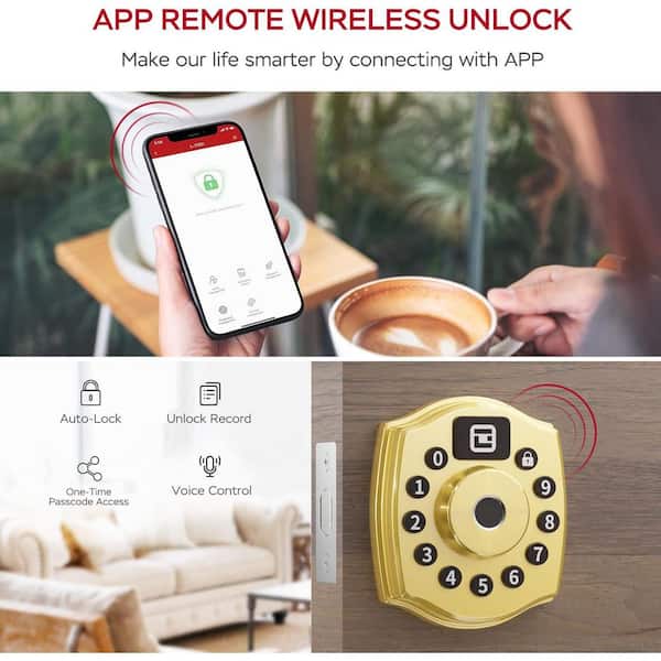 5-in-1 Aluminum Smart Lock Deadbolt with Biometric, Anti-Peep Keypad, App & IC Card Access in Gold, IP65