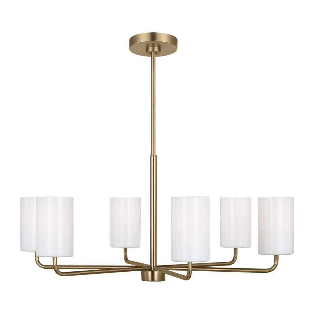 Rhett 6-Light Satin Bronze Large Chandelier with Clear/White Glass Shades, No Bulbs Included -  Generation Lighting, GLC1026SB