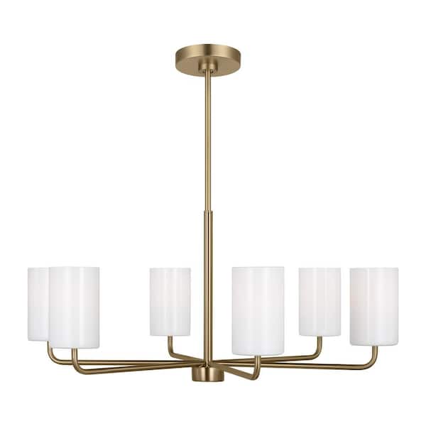 Generation Lighting Rhett 6-Light Satin Bronze Large Chandelier with Clear/White Glass Shades, No Bulbs Included