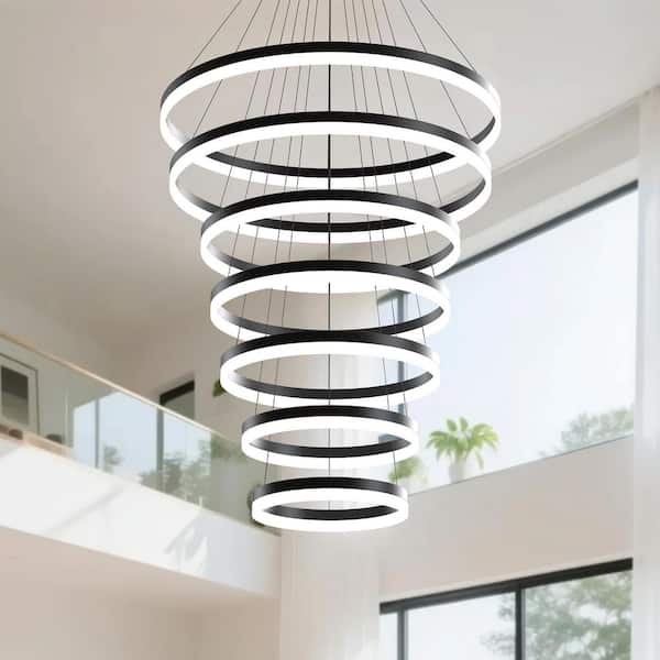 7-Light Ring Black Commercial Modern LED Chandelier, Dimmable Pendant Lighting for Hotel Lobby, Reception, High Ceilings