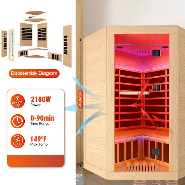 Felixo 2-Person Indoor Canadian Hemlock Pentagonal Infrared Sauna with 9 Carbon Crystal Heaters and Chromotherapy Lights