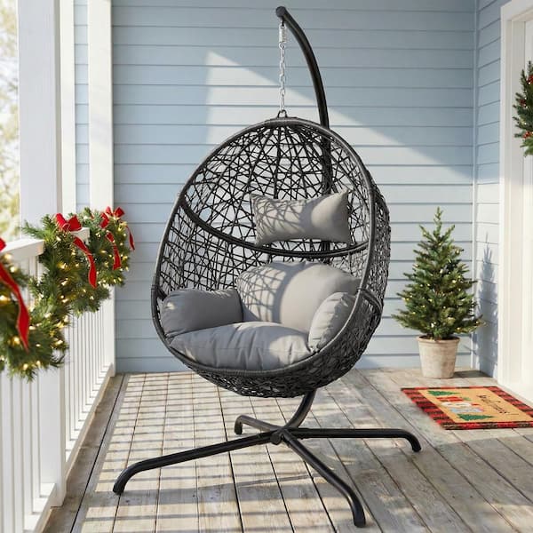 Patio 1-Person Outdoor Light Gray PE Wicker Porch Swings Hanging Egg Chair with Cushions and Stand