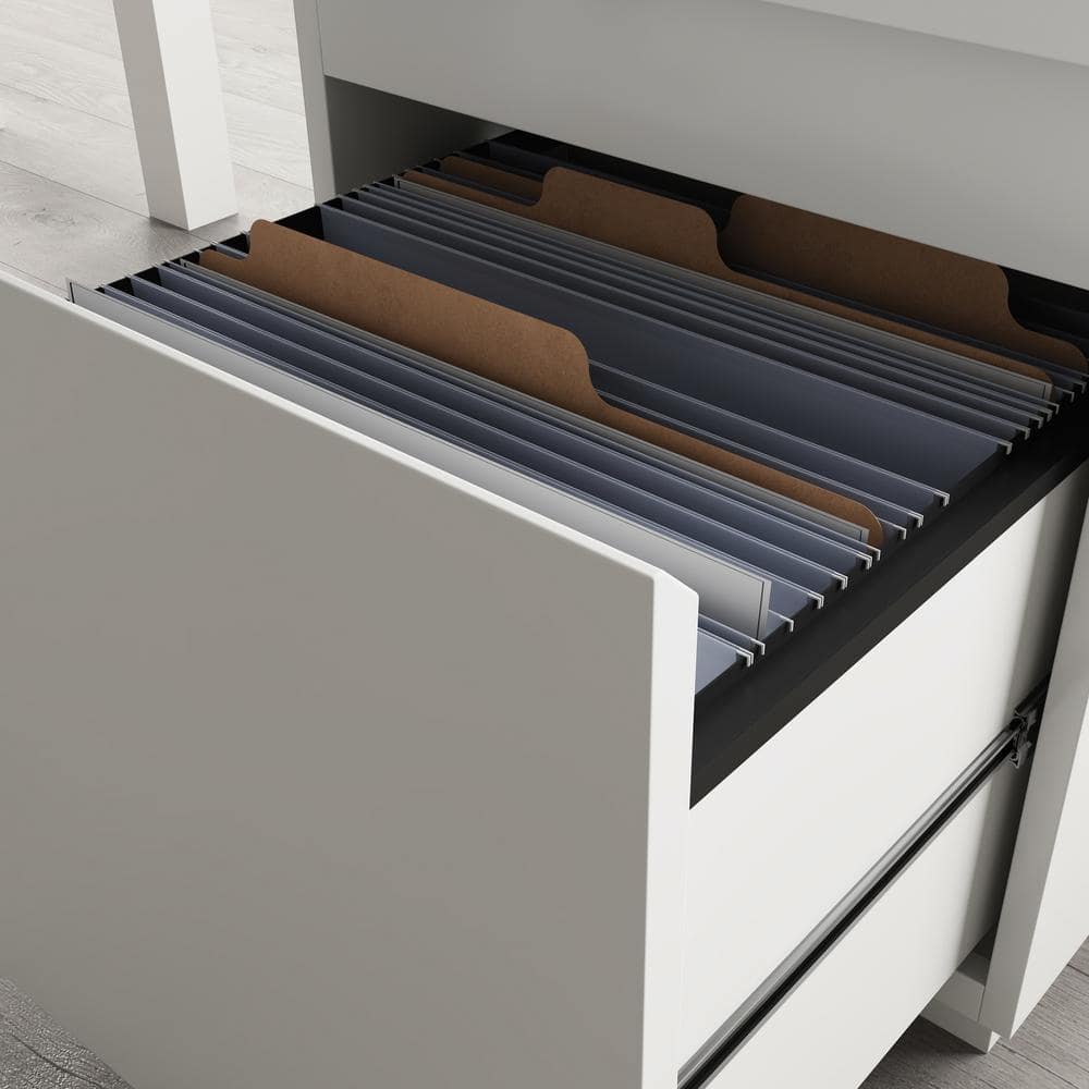 Executive White L-Shaped Desk with Filing Cabinet and Drawers