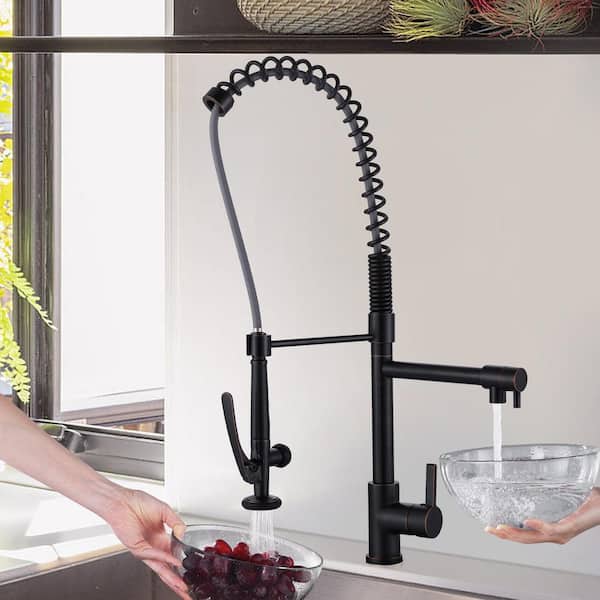Single Handle Deck Mount Gooseneck Pull Out Sprayer Kitchen Faucet with Supply Lines Included in Oil Rubbed Bronze