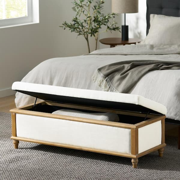 CHRISTOPHER KNIGHT HOME White 48.5 in. Polyester Upholstered Bedroom Bench with Storage, Solid Birch Legs