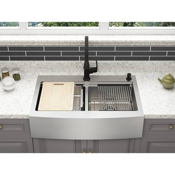 CMI Blanchard Retrofit Workstation Dual Mount Stainless Steel 33 in. 2-Hole 50/50 Double Bowl Front Apron Kitchen Sink