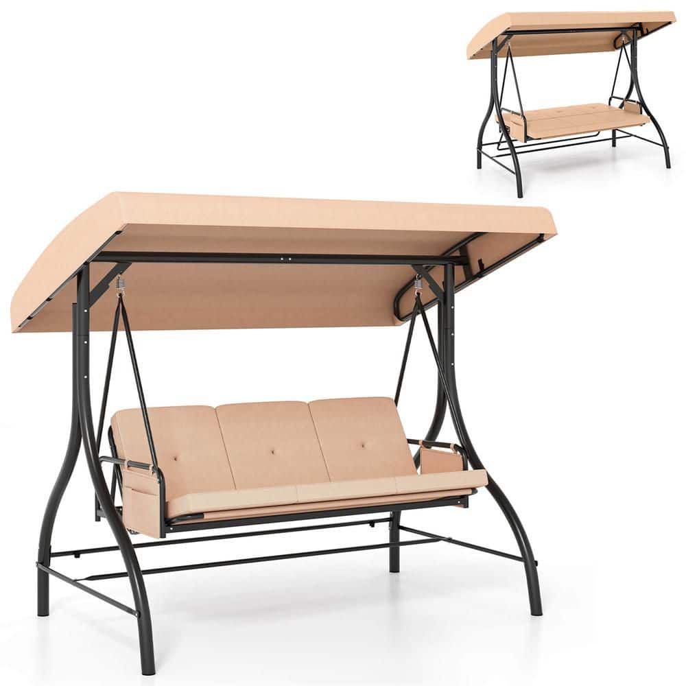 3-Seat Patio Swing with Canopy with Removable Cushions & Side Pockets Stand Beige price history on PriceWatchPro