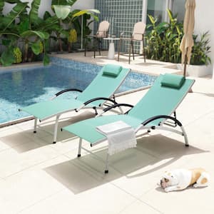 2-Piece Aluminum Adjustable Outdoor Chaise Lounge with Headrest in Green