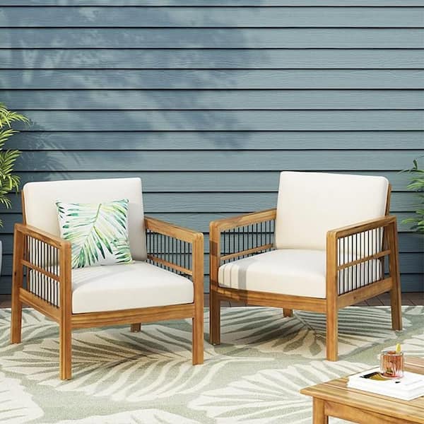 BOPOREA MEGO LLC (Set of 2) Wood Outdoor Dining Chair with Beige Cushion-Deep Seating for Garden, Backyard, Balcony