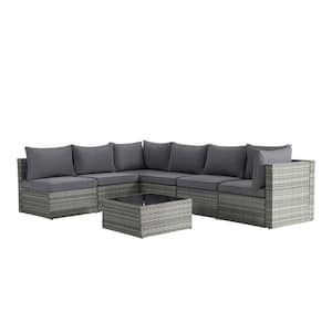 7-Pieces Wicker Rattan Outdoor Furniture Sofa Sectional and Table Set with Gray Cushions