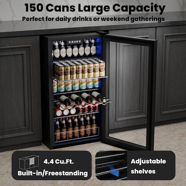 17.72 in. Single Zone 150-Cans Freestanding/Countertop Beverage Refrigerator Cooler in Black, Adjustable Shelves