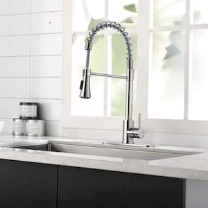 Silver Single-Handle Pull-Down Sprayer Kitchen Faucet with Deck Plate in Stainless Steel.