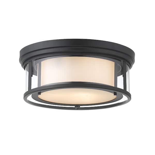 Unbranded Willow 16 in. 3-Light Matte Black Flush Mount with Inner White and Outer Clear Glass