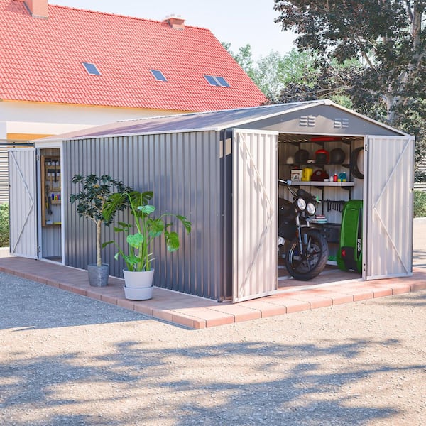 14 ft. W x 10 ft. D Metal Shed Lockable Doors Tool Shed with 4 Air Vents & Floor Light Gray (140 sq. ft. )