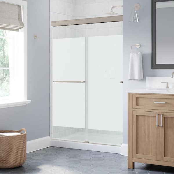 Portwood 44 to 48 in. W x 70-1/4 in. H Semi-Frameless Sliding Shower Door in Nickel with 1/4 in. Privacy Glass