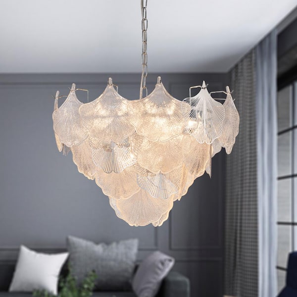 HUOKU Radiance 23.6 in.W Farmhouse 8-Light Chrome Chandelier with Ginkgo Leaves for Dining Room Bedroom Kitchen Entryway