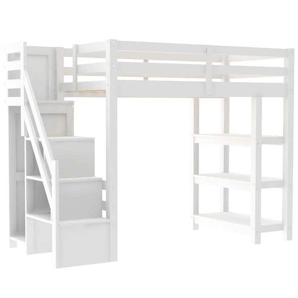 Nestfair White Twin Size Wood Loft Bed with Storage Staircase, Shelves ...