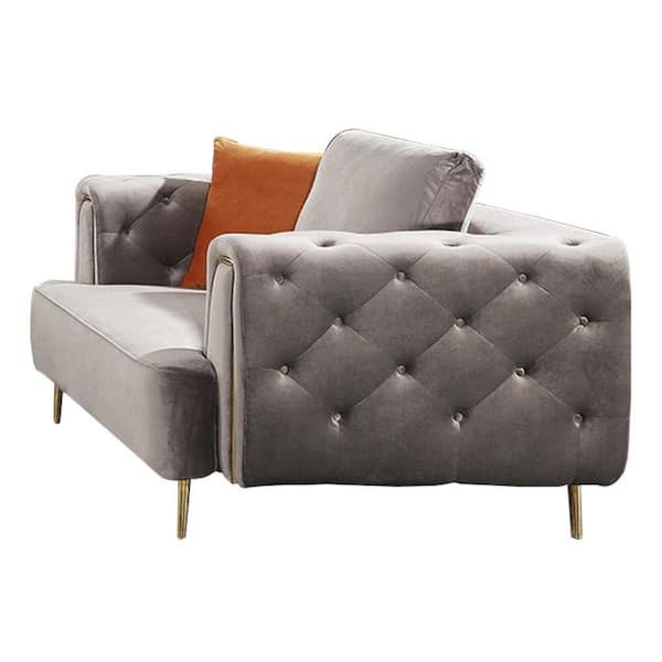 Benjara 64 in. Gray Solid Velvet 2-Seater Loveseat with Chesterfield Design