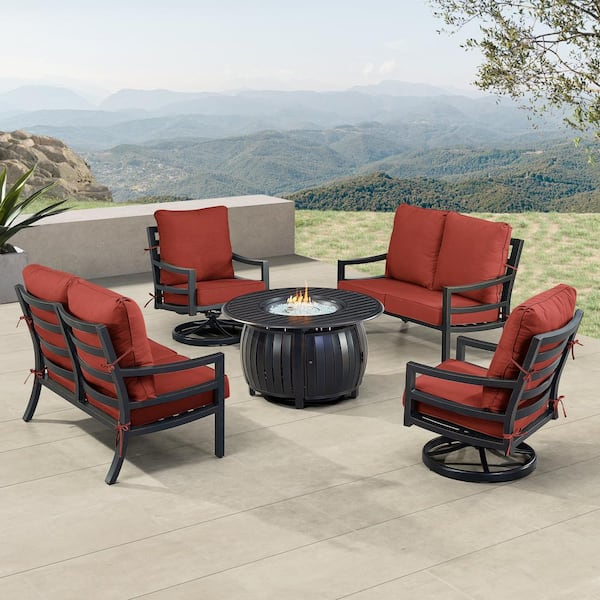 Oakland Living Black 7-Piece Aluminum Patio Fire Pit with 2-Deep Seating Loveseat and 2-Club Chairs Red Cushions