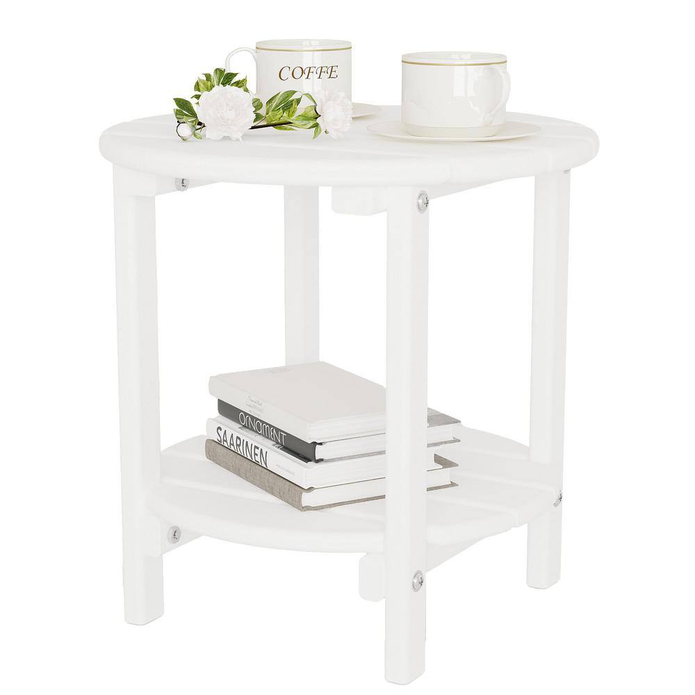 Waterproof Double Tier White Round HDPE Plastic 17.7 in. Outdoor Side Table