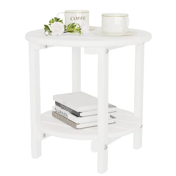 Unbranded Waterproof Double Tier White Round HDPE Plastic 17.7 in. Outdoor Side Table
