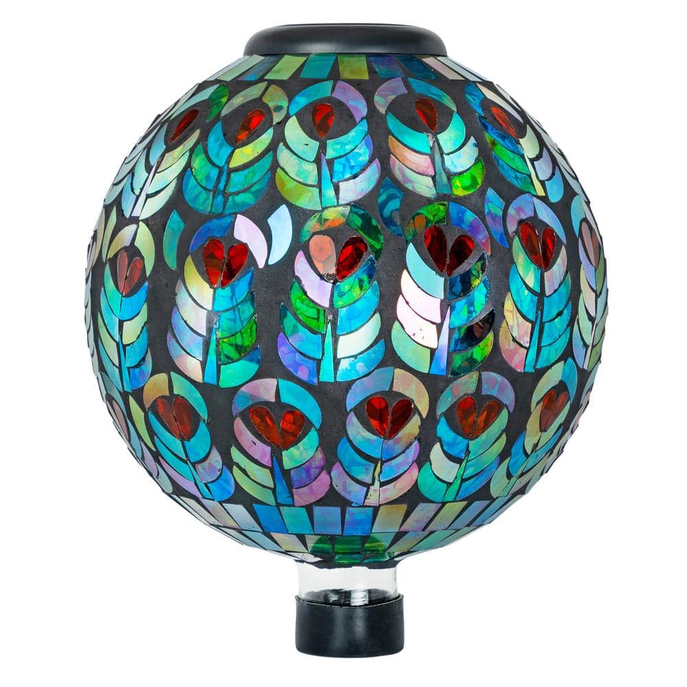 Solar Multicolor Glass Peacock Feather Mosaic Gazing Globe with Metal Stand