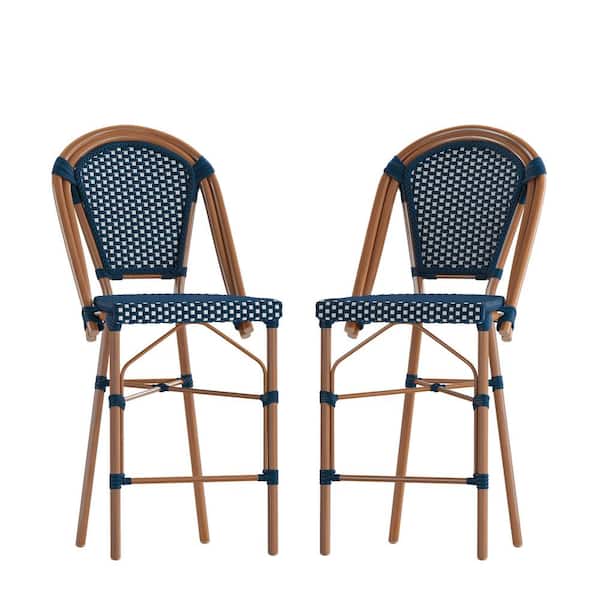 TAYLOR + LOGAN 41.5 in. Blue/White/Natural Mid-Back Metal Bar Stool with Rattan Seat (Set of 2)