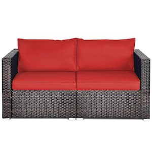 2-Piece Wicker Outdoor Loveseat with Red Cushions