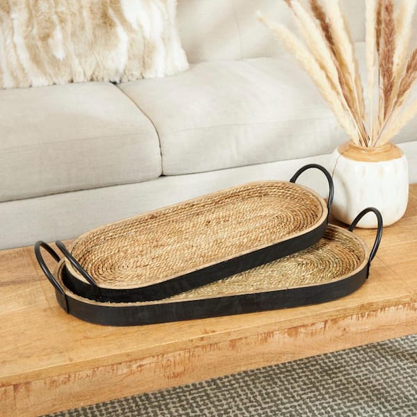 Litton Lane Brown Dried Plant Coiled Oval Decorative Tray with Black Metal Handles (Set of 2)