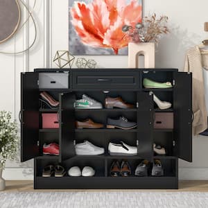 39.4 in. H x 47.2 in. W Black Wood Shoe Storage Cabinet with Adjustable Shelves and Storage Drawer
