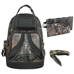 14 in. Camo Backpack, Zipper Tool Bags and Pocket Knife Tool Set, (4-Piece)