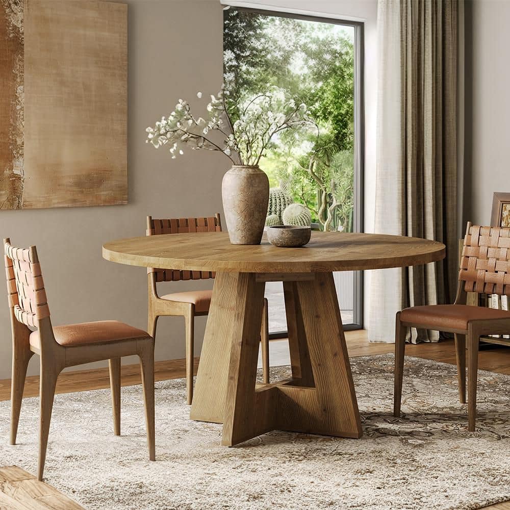 BYBLIGHT Farmhouse Brown Solid Wood 47.24 in. Round Pedestal Dining ...