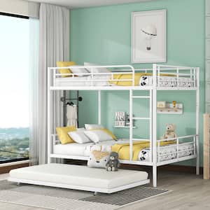 Detachable White Full over Full Metal Bunk Bed with Trundle, Built-in Ladder