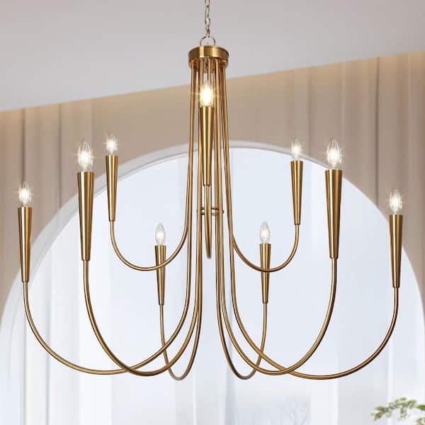 41.3 in. Classic 9-Light Plating Brass 2-Tier Candlestick Island Chandelier with Curvy Arms for Kitchens Dining Rooms
