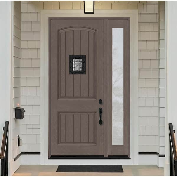 Regency 53 in. x 96 in. 2P Plank Cavalier Speakeasy LHIS Ashwood Stain Fiberglass Prehung Front Door w/14in. Rain SL