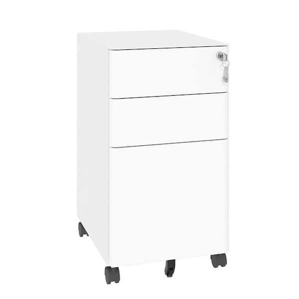 3-Drawer White Metal 24 in. W Vertical Mobile File Cabinet with Lock All-Steel Metal Storage on Wheels Fully Assembled