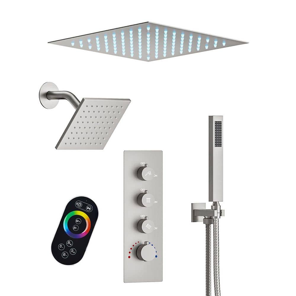 Thermostatic Valve 7-Spray LED Mood Lighting Ceiling Mount 12 and 6 in. Dual and Handheld Shower Head in Brushed Nickel price history on PriceWatchPro
