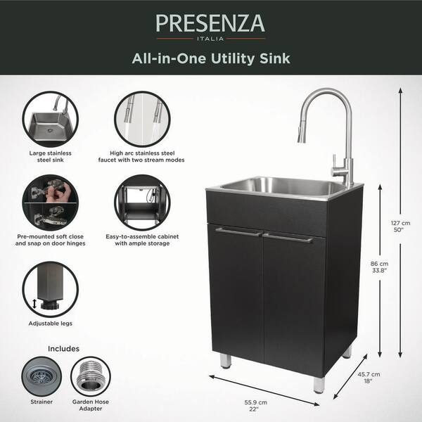 Presenza All-in-One 22 in. x 18 in. x 33.8 in. Stainless Steel Drop-In Sink and Cabinet with Faucet in Gray