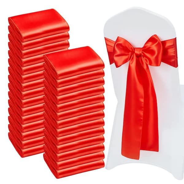 Satin Chair Sashes Bows, 100 Piece Chair Ribbon Ties Back Sash, 7 x 108 in., Red Cover Wedding Reception Decoration