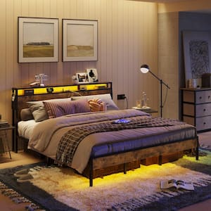 Rustic Brown Metal Frame King Size Platform Bed with Charge Station and Storage Headboard & LED Lights