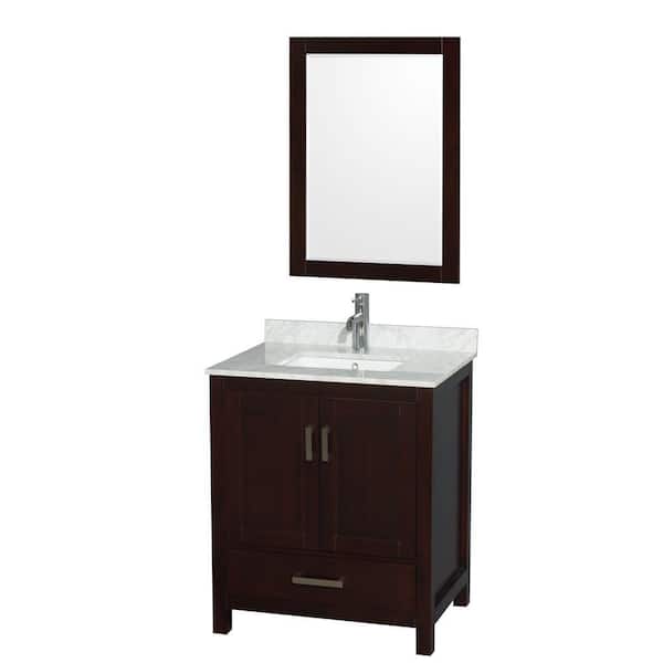 Wyndham Collection Sheffield 30 in. W x 22 in. D x 35.25 in. H Single Bath Vanity in Espresso with White Carrara Marble Top and 24" Mirror