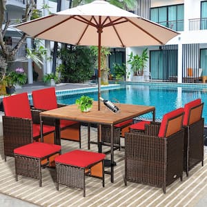 29.5 in. 9-Piece Wicker Square Outdoor Dining Set with Red Cushion