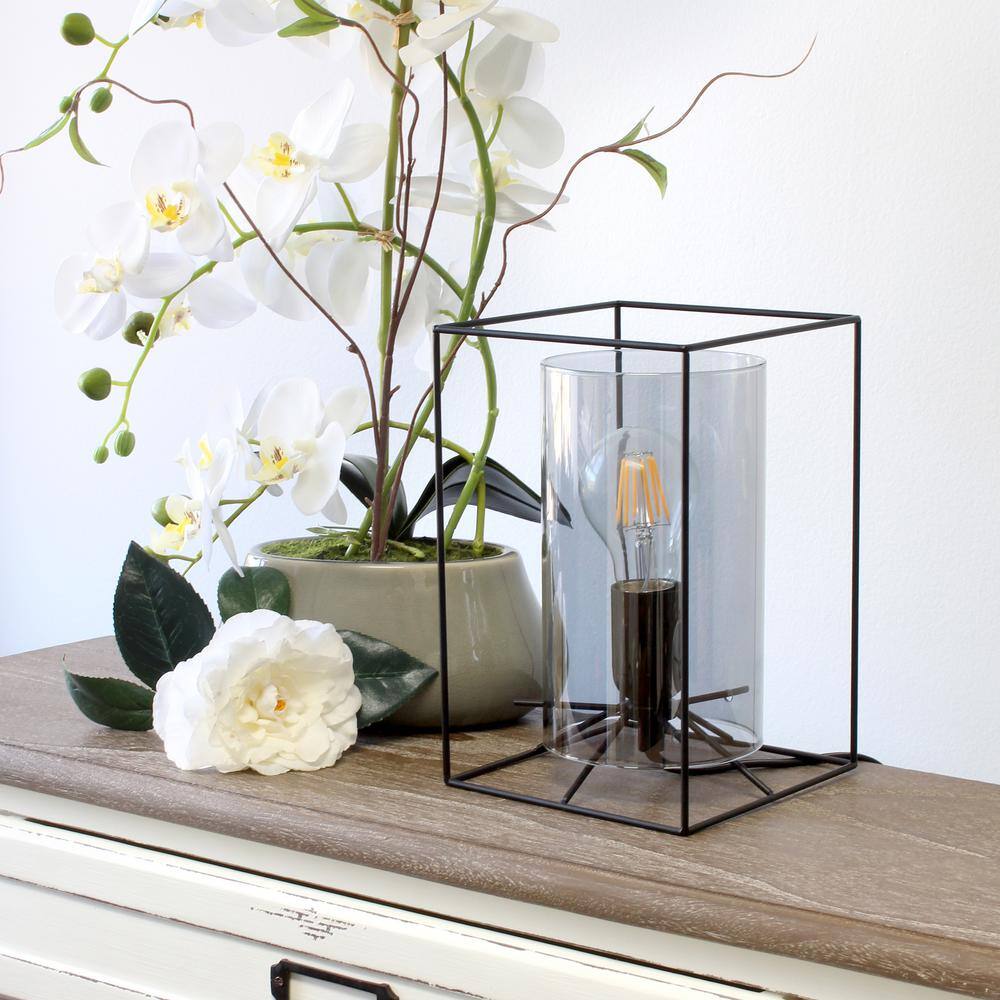 Sleek Edison-Inspired Black Metal and Smokey Glass Table Lamp