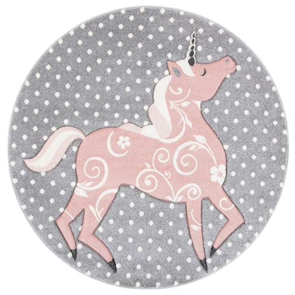 SAFAVIEH Carousel Kids Gray/Ivory/Pink 7 ft. x 7 ft. Animal Print Solid Color Round Area Rug