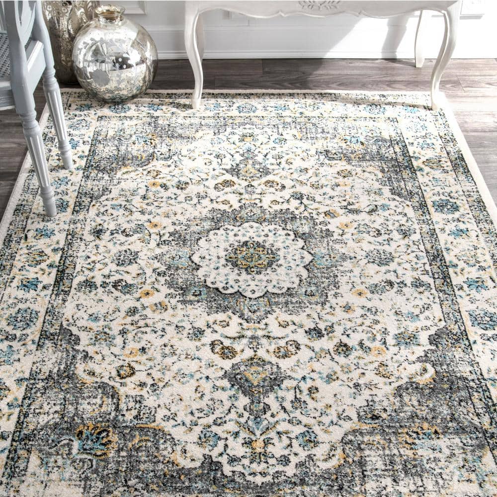 Gray and Beige Round Synthetic Persian Style Area Rug