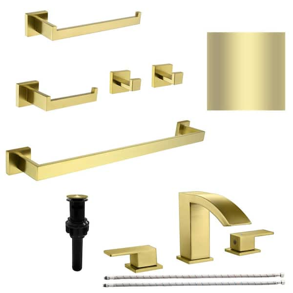 UKISHIRO 8 in. Widespread Double Handle Bathroom Faucet Combo Kit with Pop UP Drain & 23. in Towel Bar & Towel Hook in Gold